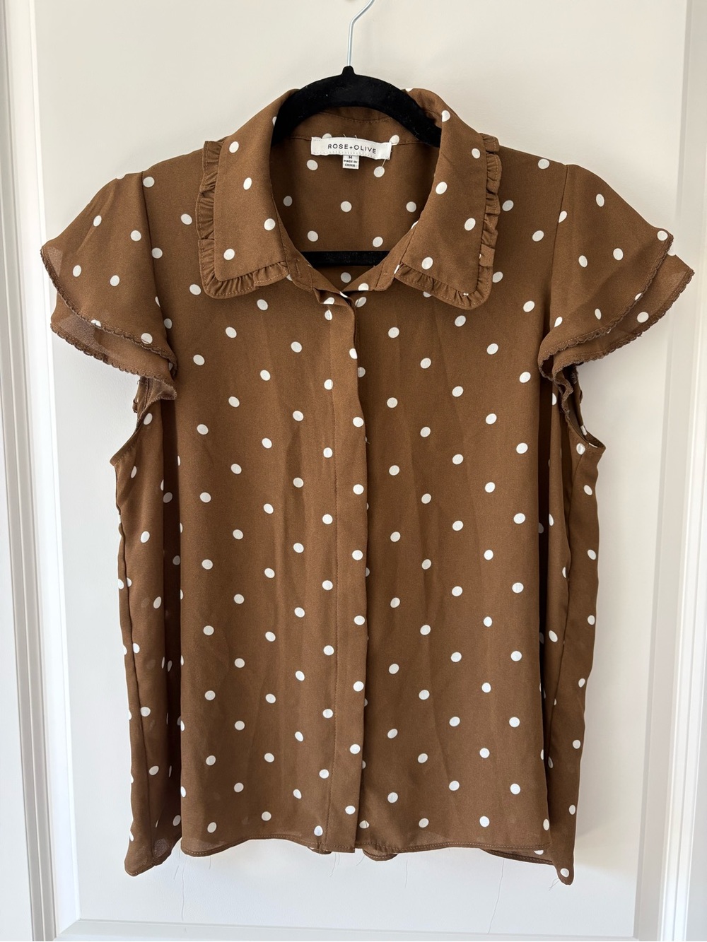 Rose & Olive Brown Polka Dot Ruffle Collar Blouse
